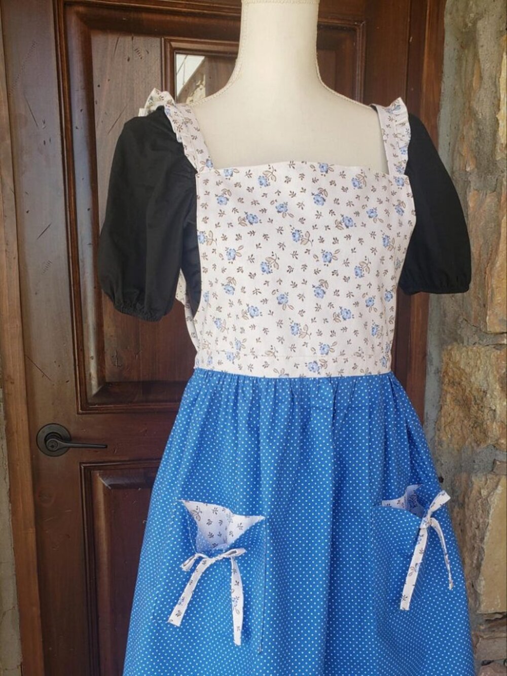 Blue Polka-Dot Dress Apron, Floral Bodice,  Midi Dress Apron